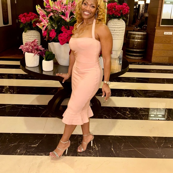 Herve Leger Halter Mermaid Bodycon Dress Blush Pink M - Picture 5 of 5